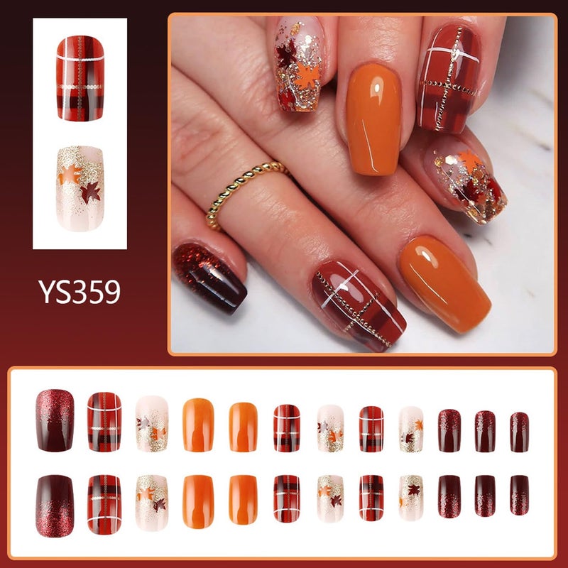 CJDLTS Fall Maple Leaf False Nail Medium Ballet Shaped Thanksgiving Press on Nails Gold Lines Glitter Sequins Design Autumn Stick on Nail Full Cover Artificial Fingernails Festival Glue on Nails for Women - Image 3